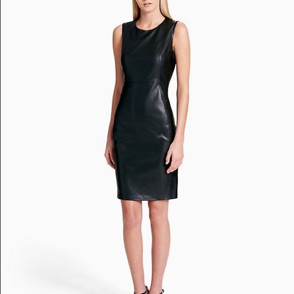 Black Faux Leather Bodycon Lined Sheath Dress stretch - Picture 2 of 8